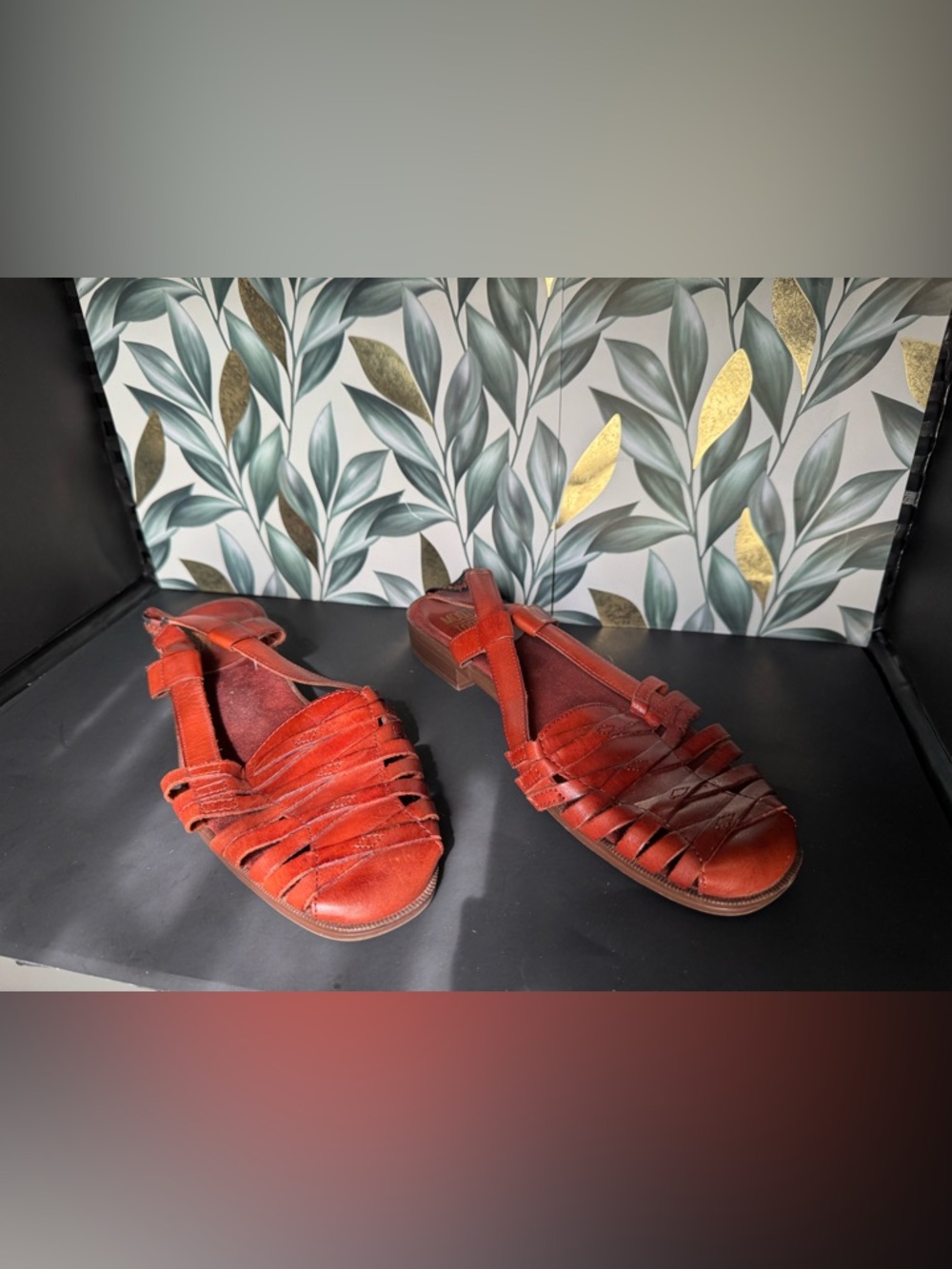 Women's Red Leather Huarache Sandals - Comfortable Woven Slip-On